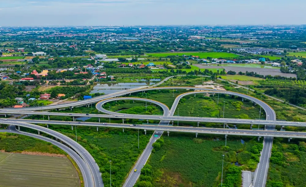 Aerial view of the 390 and 490 expressways near M&E Warehousing in Rochester